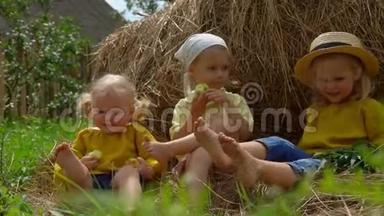 三个小女孩在干草堆上嬉笑打闹